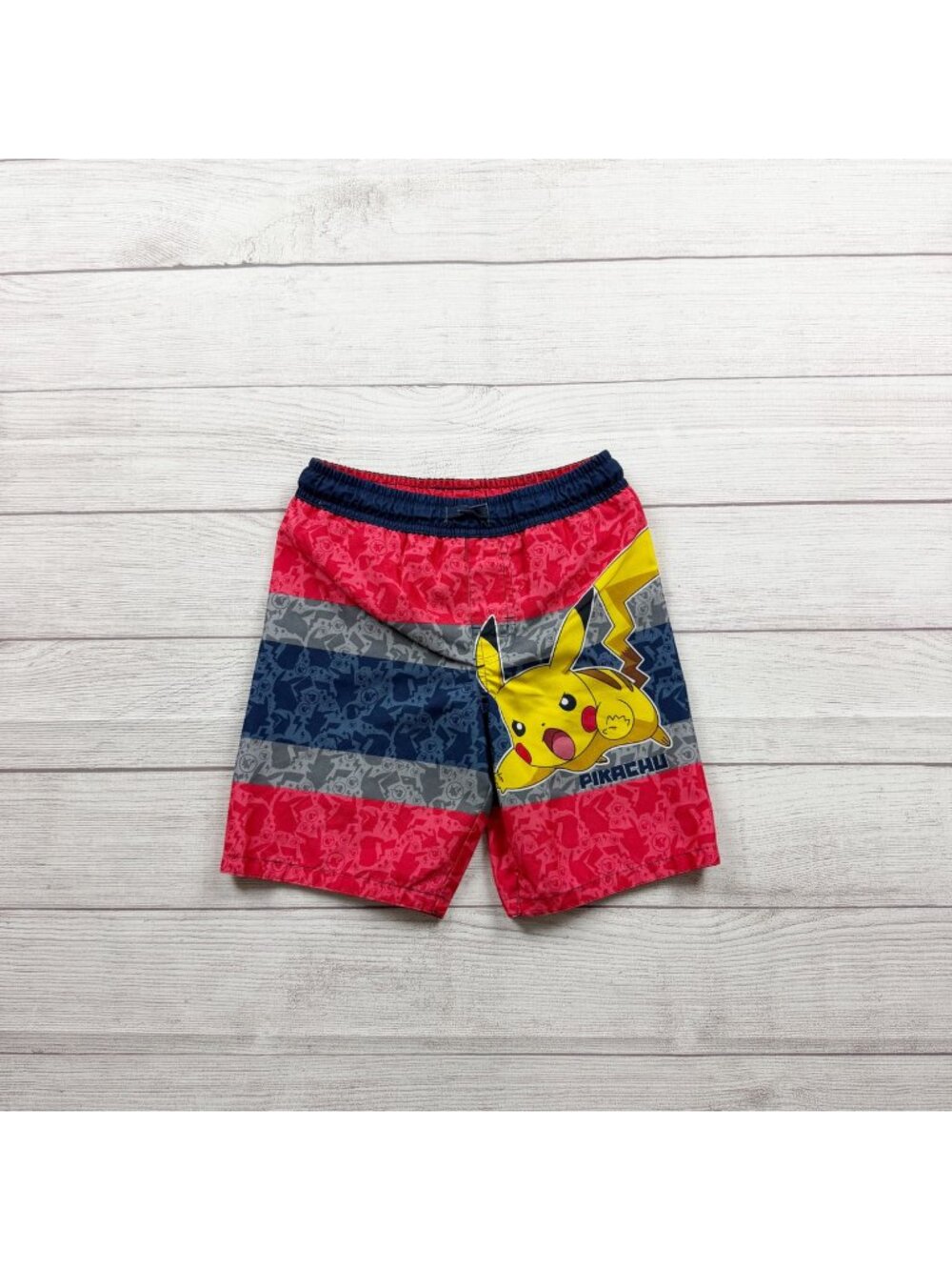 Pokemon Boys Pikachu Swim Trunks Red Blue Striped Elastic Waist Mesh Lined S